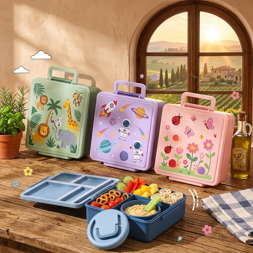 קופסאות אוכל לילדים עם ידית ועיצובים צבעוניים