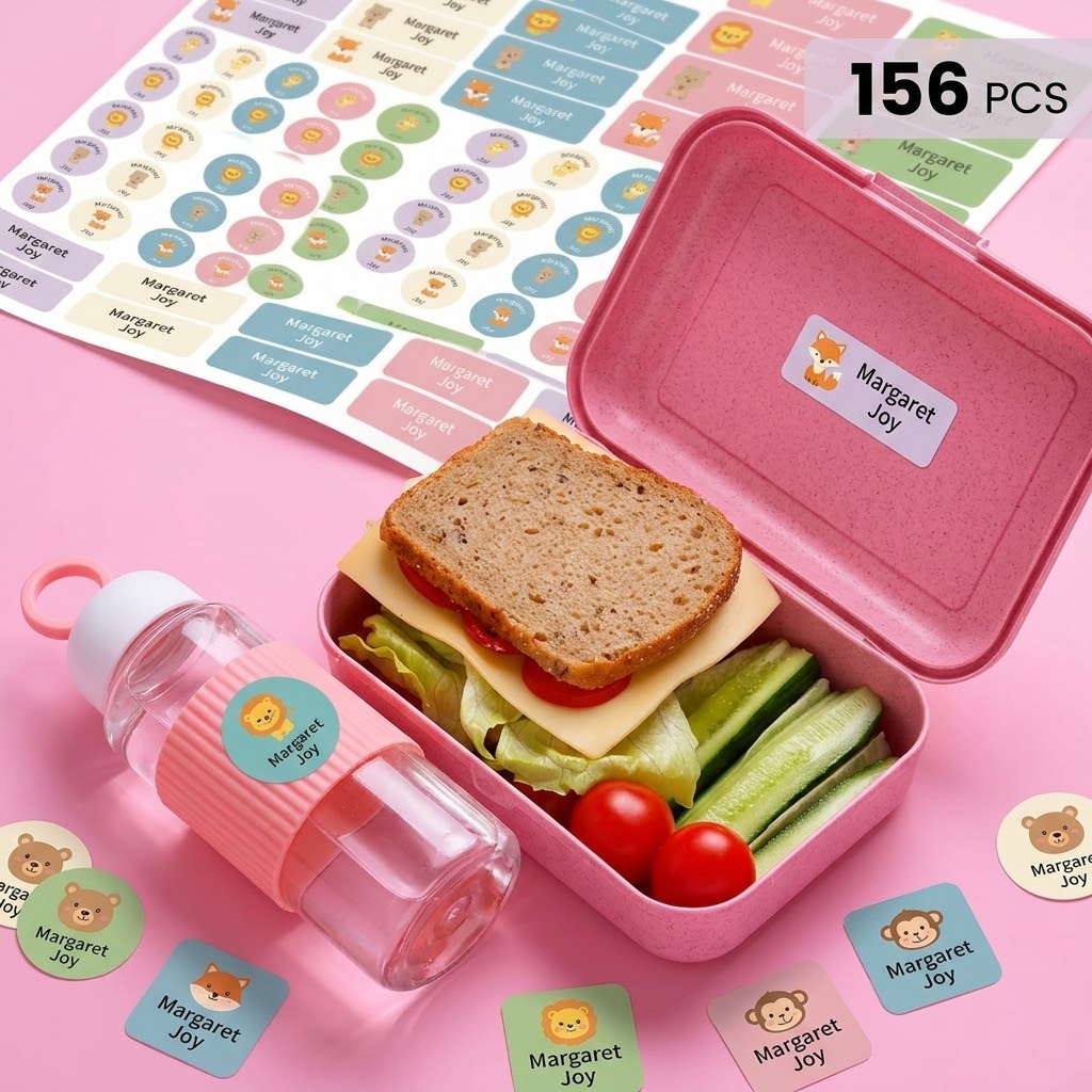 156 מדבקות שם לילדים לקופסאות אוכל ובקבוקים