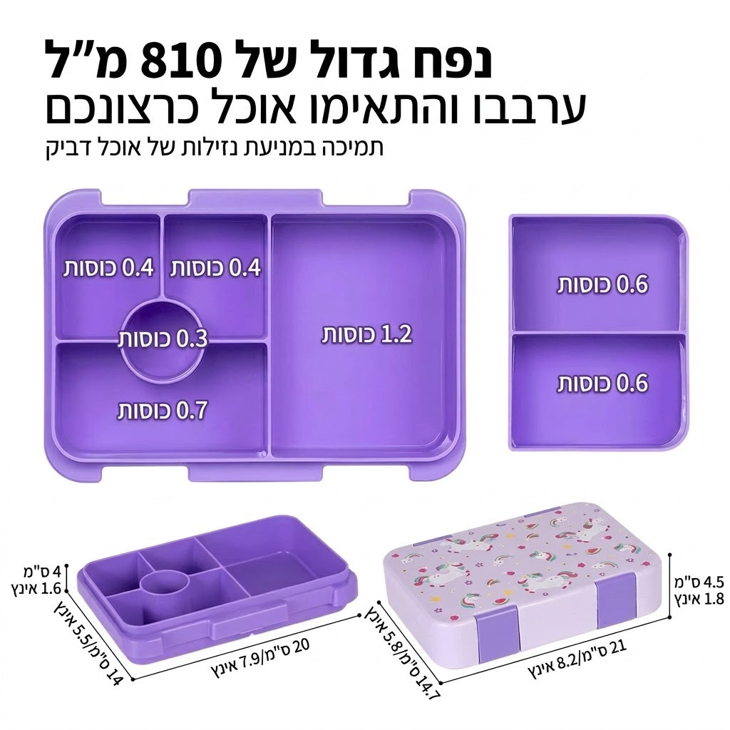 קופסת אוכל לבית הספר 810 מ״ל עם מידות וחלוקה לתאים