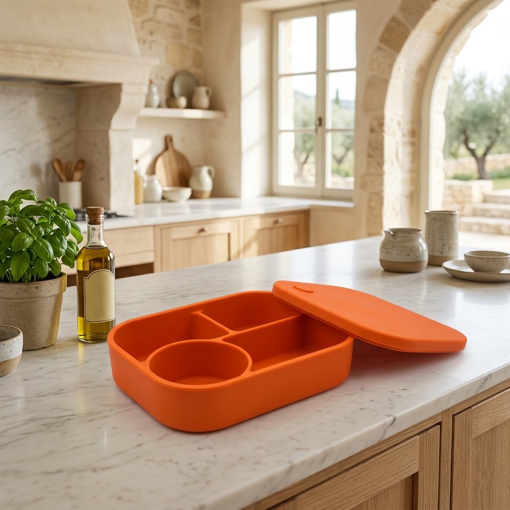 קופסת אוכל מסיליקון כתומה עם 4 תאים על שיש במטבח